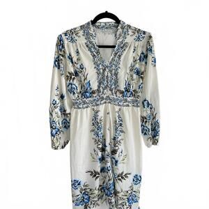 Shan Sen Elegant Floral Print Dress with Buttons and Long Sleeves - XL